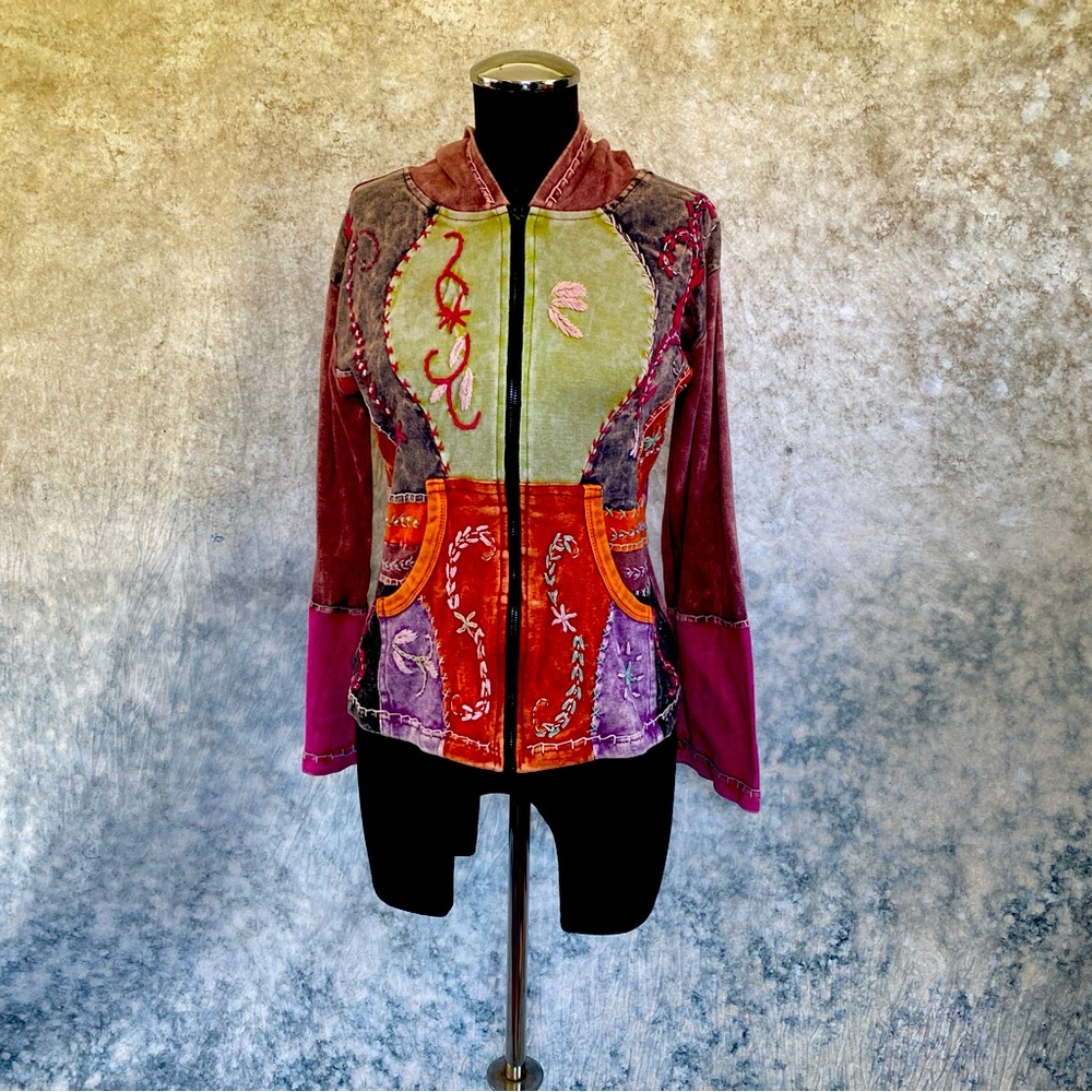 Vintage KPC One of a Kind Patch Work Boho Hoodie, Zip Front Jacket